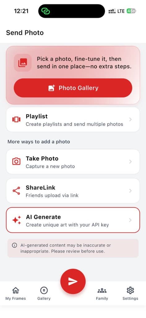 MyFrame send photo app screen