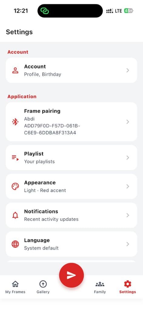 MyFrame settings app screen