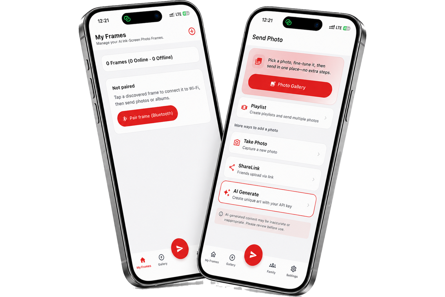 Two iPhone screens showing the MyFrame app home and send photo views