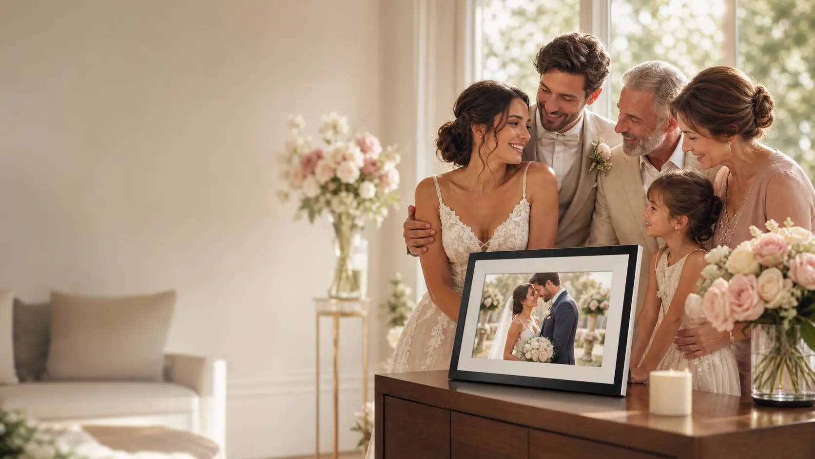 MyFrame frame showing a wedding photo in a home setting