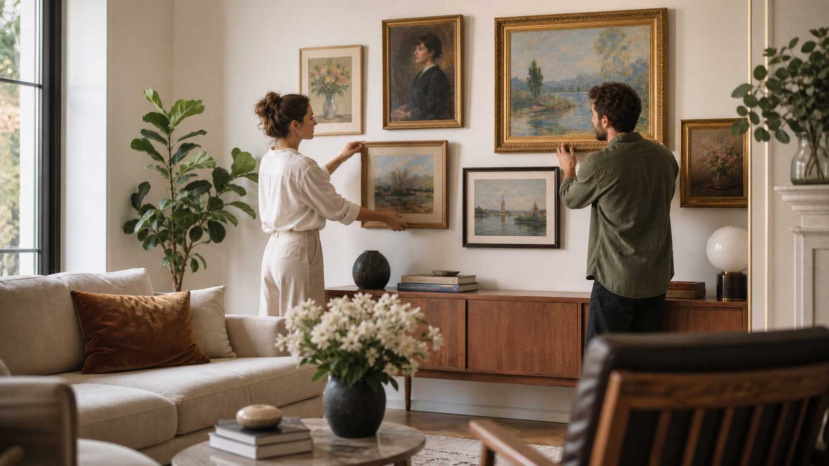 Couple arranging artwork in a living room