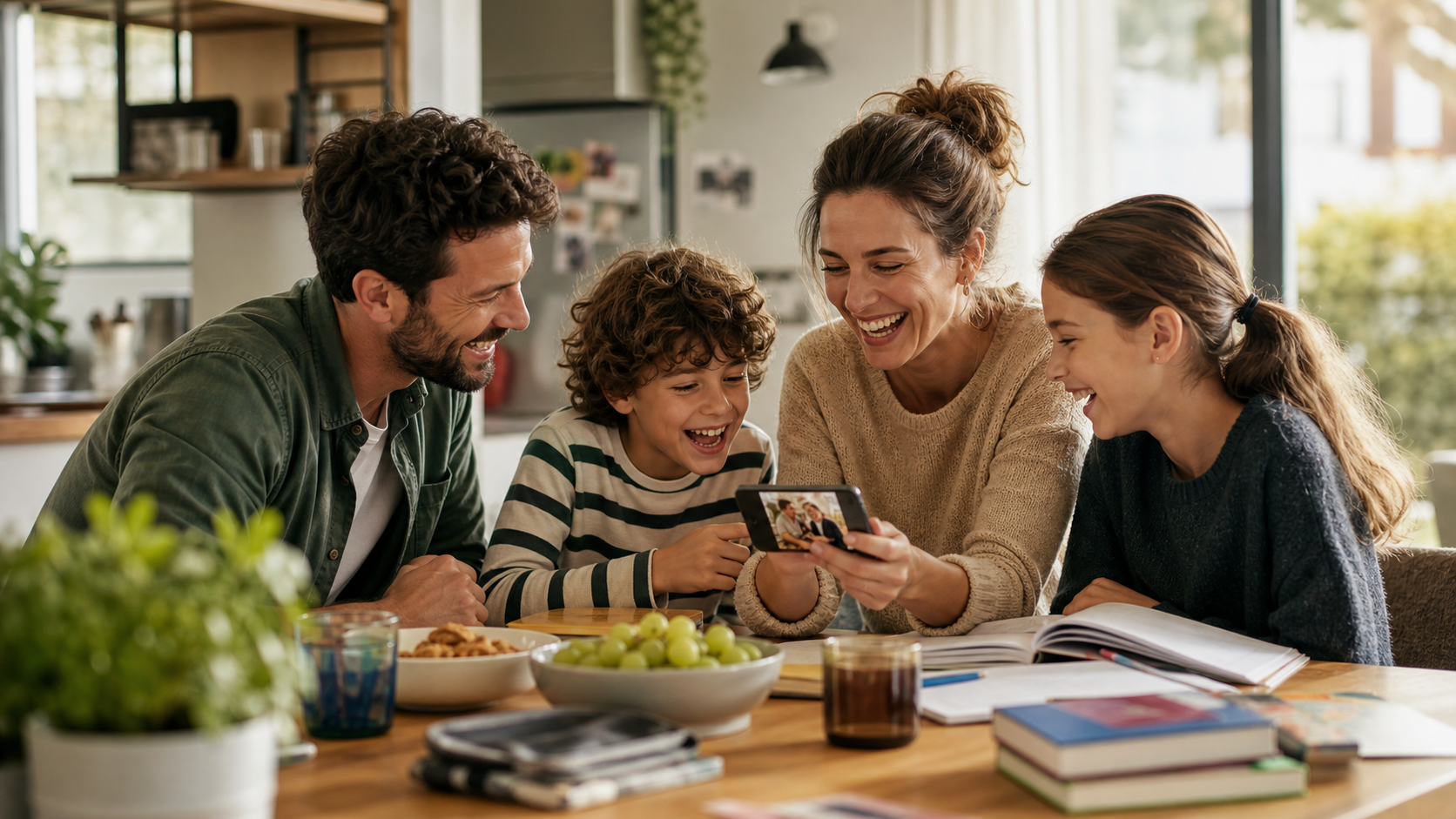 Family laughing around a kitchen table