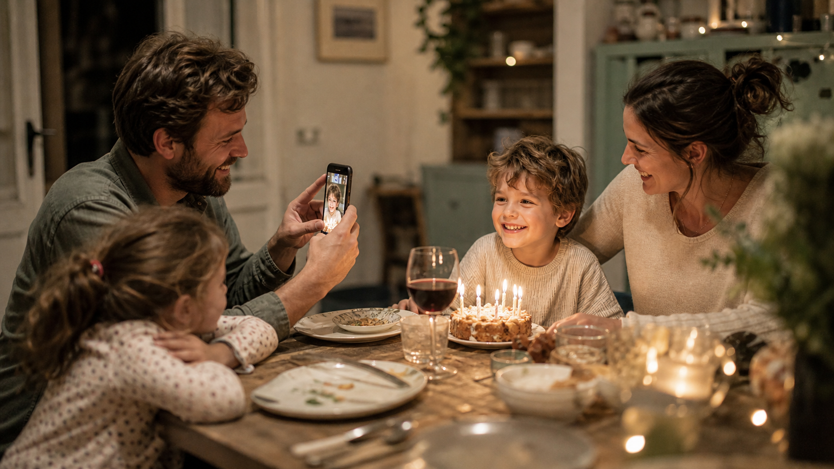 Family celebrating a child's birthday after dinner