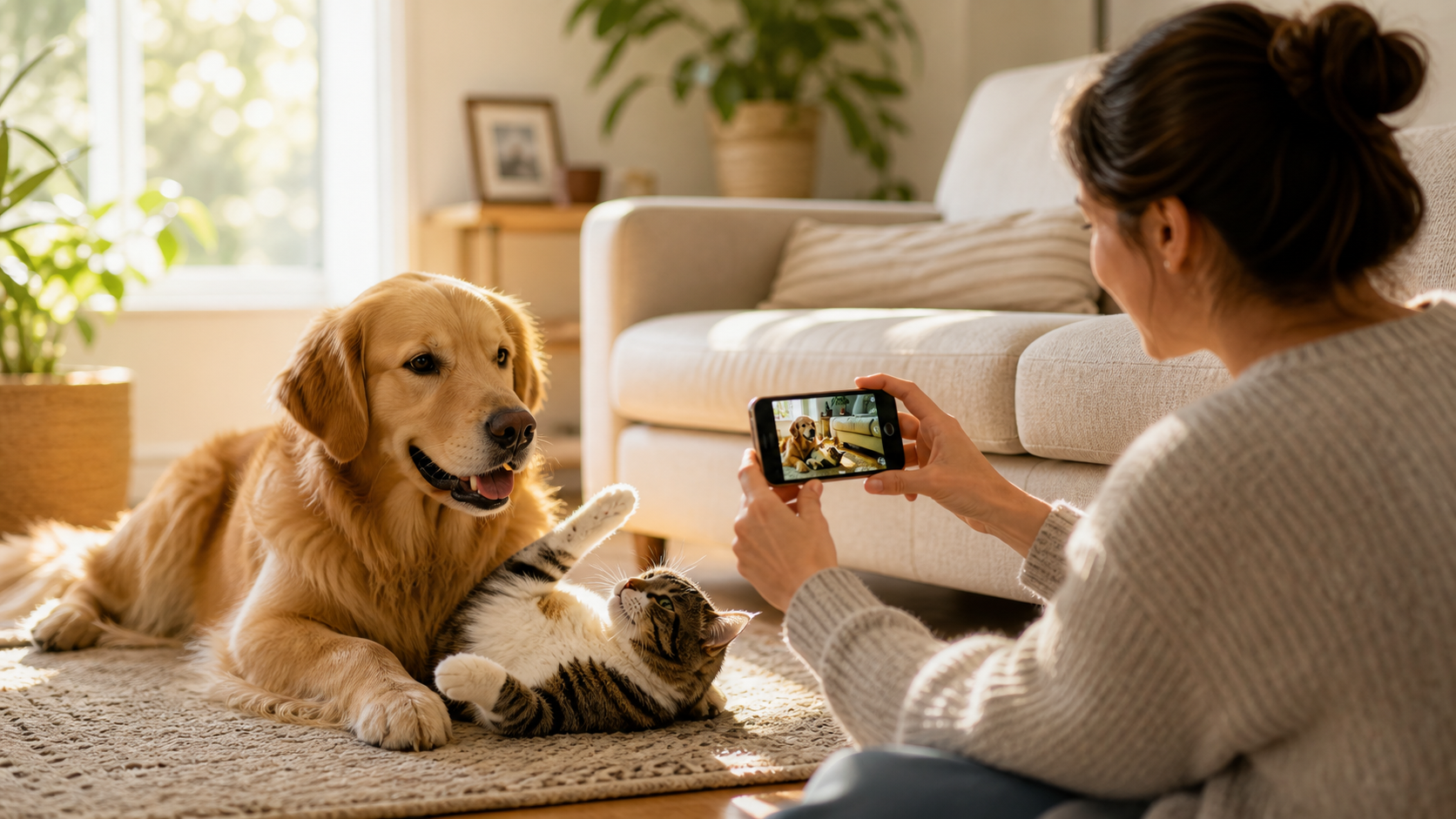 Dog and cat playing while a photo is taken
