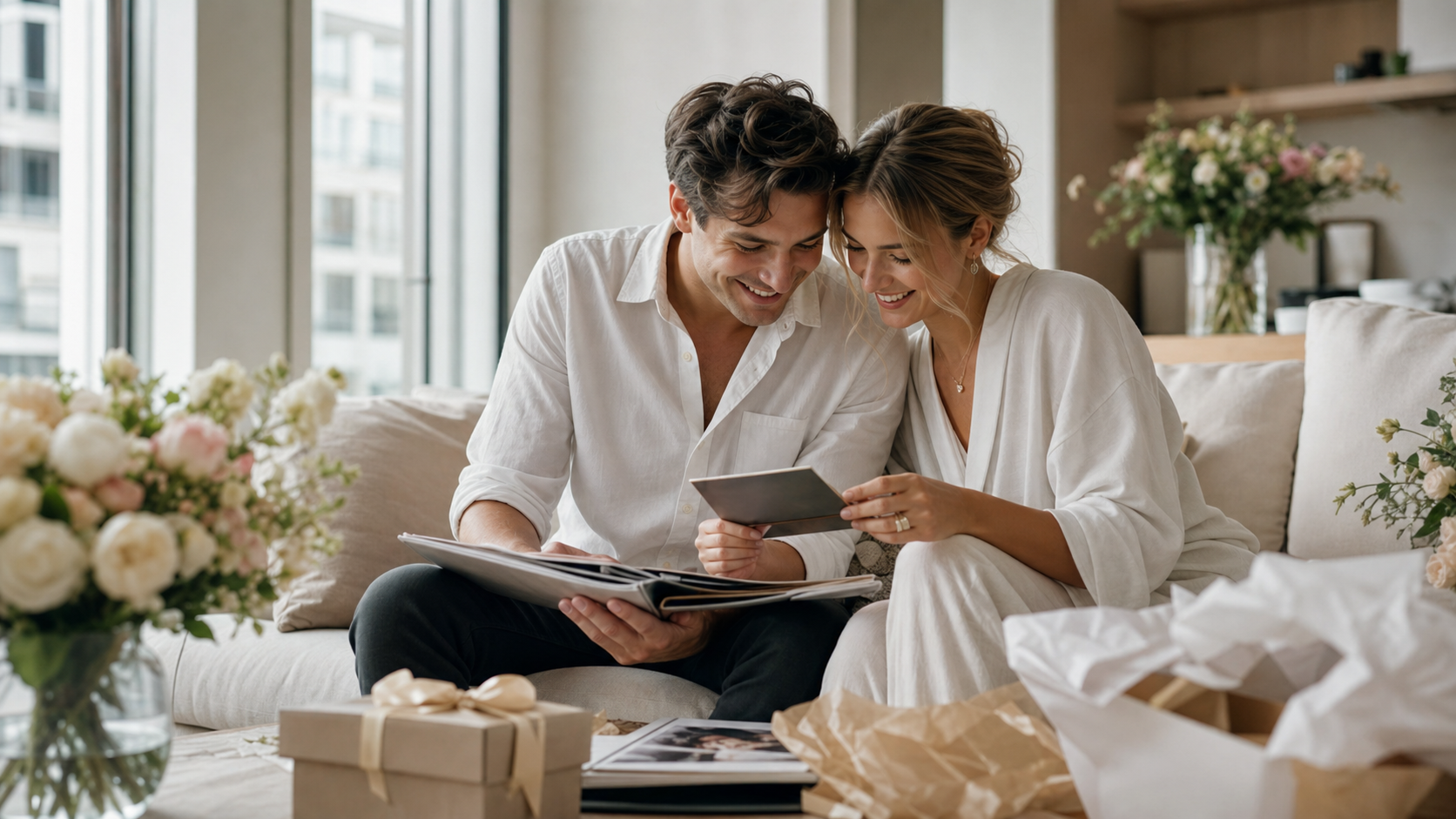 Newly married couple looking at wedding photos at home